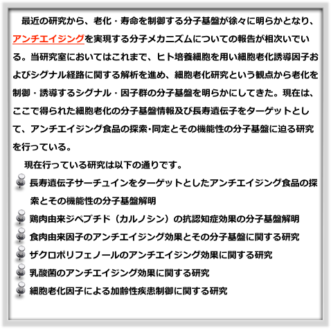 　最近の研究から、老化・寿命を制御する分子基盤が徐々に明らかとなり、アンチエイジングを実現する分子メカニズムについての報告が相次いでいる。当研究室においてはこれまで、ヒト培養細胞を用い細胞老化誘導因子およびシグナル経路に関する解析を進め、細胞老化研究という観点から老化を制御・誘導するシグナル・因子群の分子基盤を明らかにしてきた。現在は、ここで得られた細胞老化の分子基盤情報及び長寿遺伝子をターゲットとして、アンチエイジング食品の探索･同定とその機能性の分子基盤に迫る研究を行っている。 　 現在行っている研究は以下の通りです。
 長寿遺伝子サーチュインをターゲットとしたアンチエイジング食品の探
      索とその機能性の分子基盤解明
 鶏肉由来ジペプチド（カルノシン）の抗認知症効果の分子基盤解明 
 食肉由来因子のアンチエイジング効果とその分子基盤に関する研究
 ザクロポリフェノールのアンチエイジング効果に関する研究
 乳酸菌のアンチエイジング効果に関する研究
 細胞老化因子による加齢性疾患制御に関する研究
